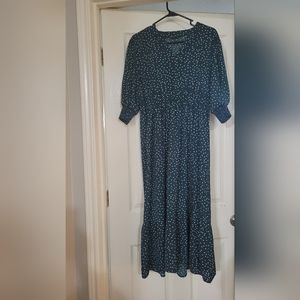 Long dark blue green polka dot dress